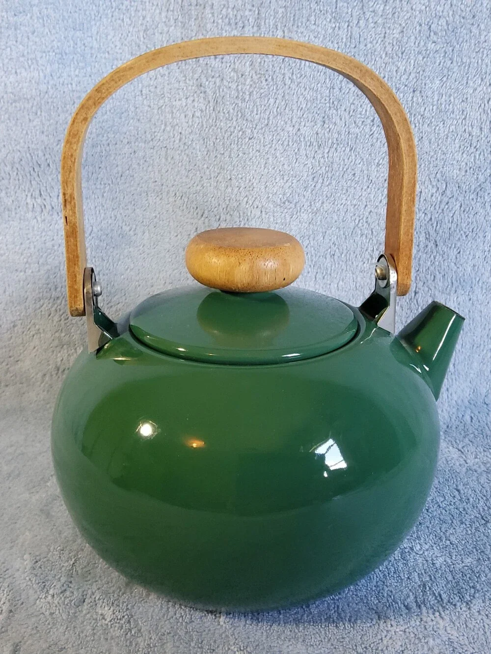 Vintage Enamelware Knob Teapot Kettle Teak Wood Handle Green Unbranded